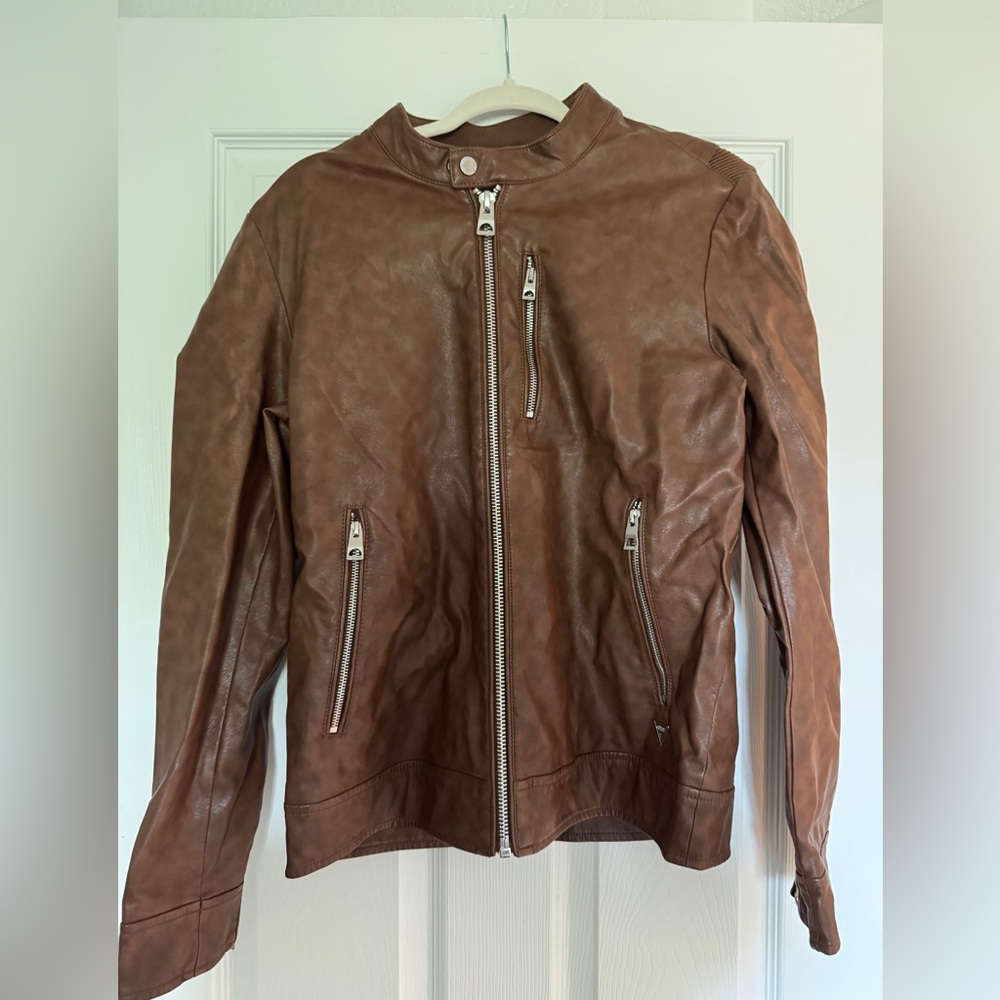 Guess Men's Brown Full Zip Motorcycle Jacket
